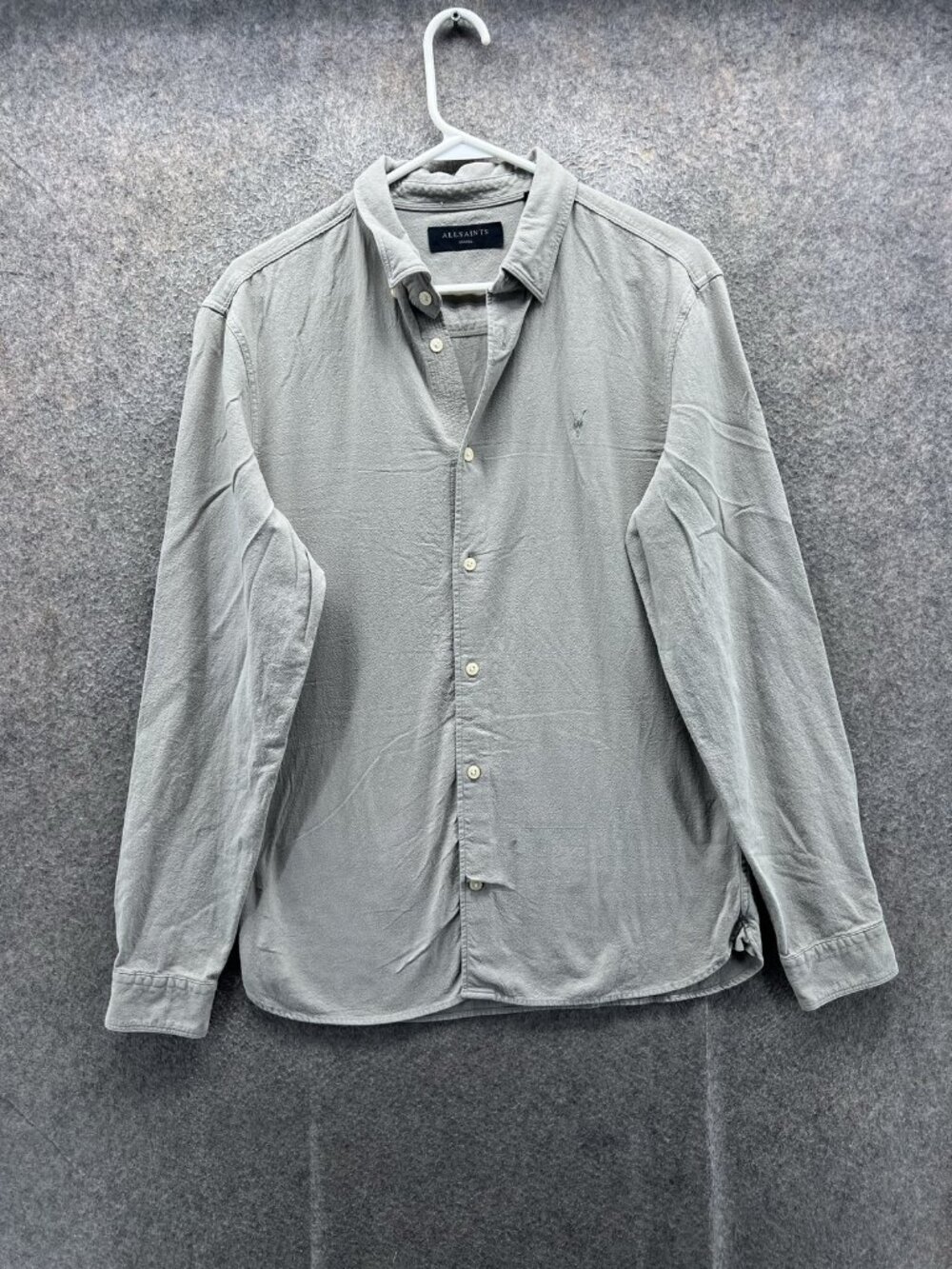 AllSaints Shirt Men Small Gray Long Sleeve Button Up Cotton Woven Embroidered
